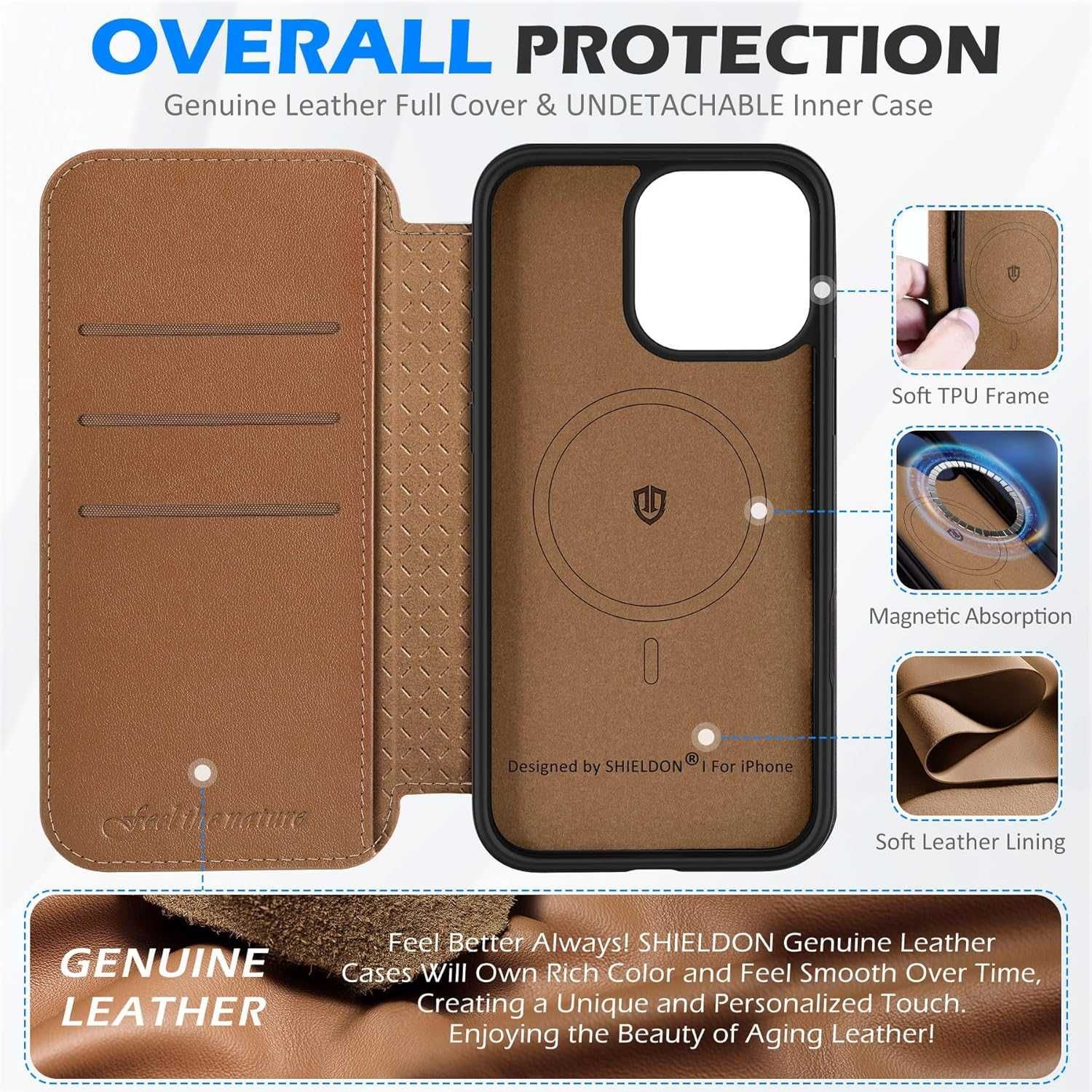 Shieldon naturalne Etui skórzane MagSafe do iPhone 16 Pro Max z klapką