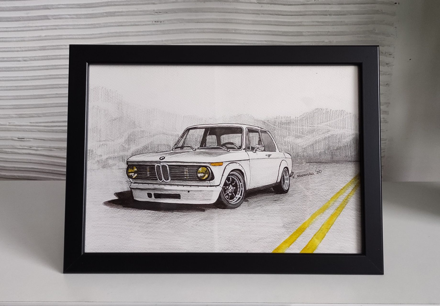 Obraz grafika 21x30cm ręcznie malowany BMW 2002 Turbo E10 oprawiony