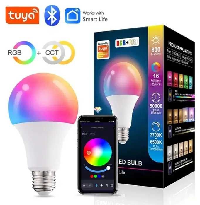Умная лампочка Tuya Smart LED WiFi A60 E27 RGB Color & White  9W
