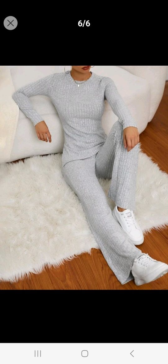 Nowy komplet damski szary prążkowany na zimę bluzka spodnie dres 34 xs