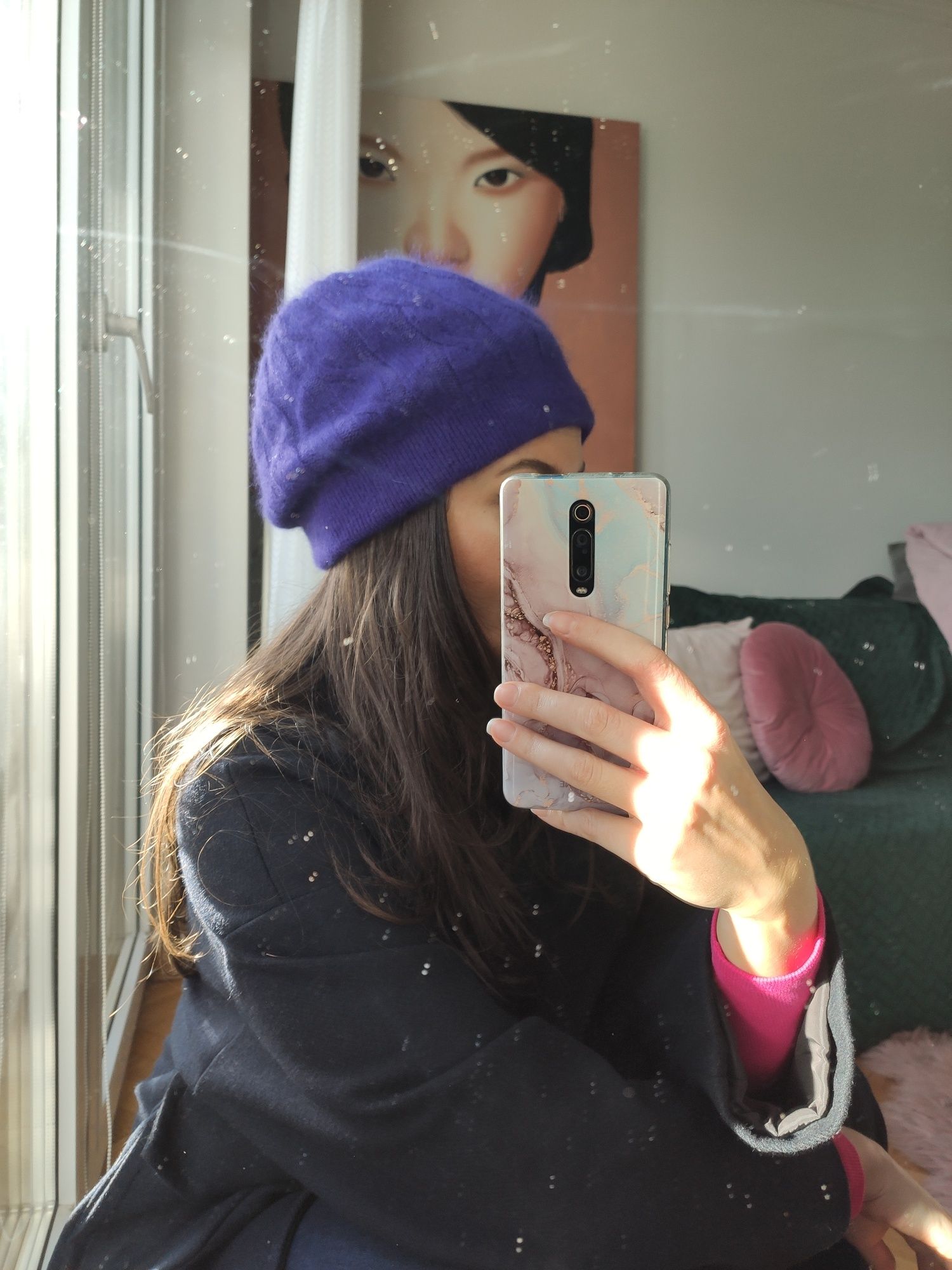 NOWY fioletowy beret czapka beanie 80% angora
