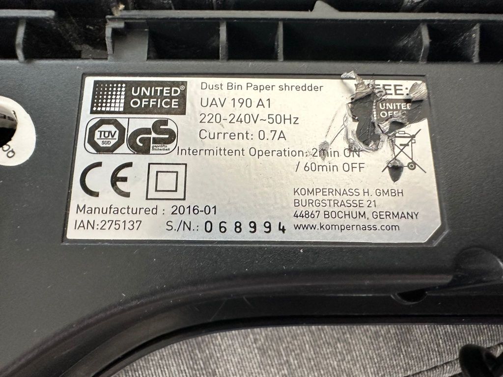 Niszczarka do papieru,United Office UAV 190 A1