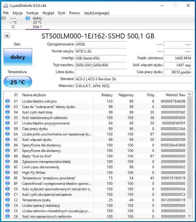 dysk SSHD 500GB Seagate 5400rpm 100% sprawne SMART Seagate 2,5"