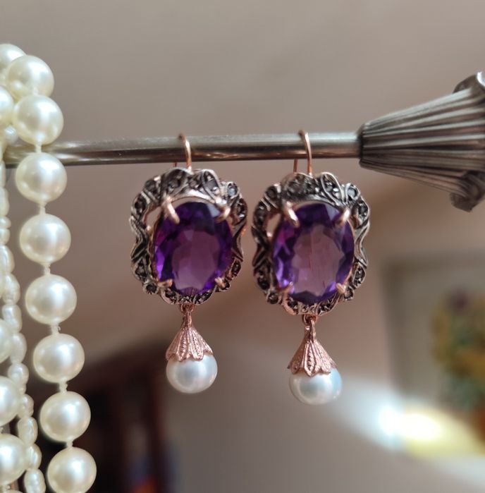 Brincos em ouro rosa 9 K e prata 925 com Ametista e Diamantes naturais