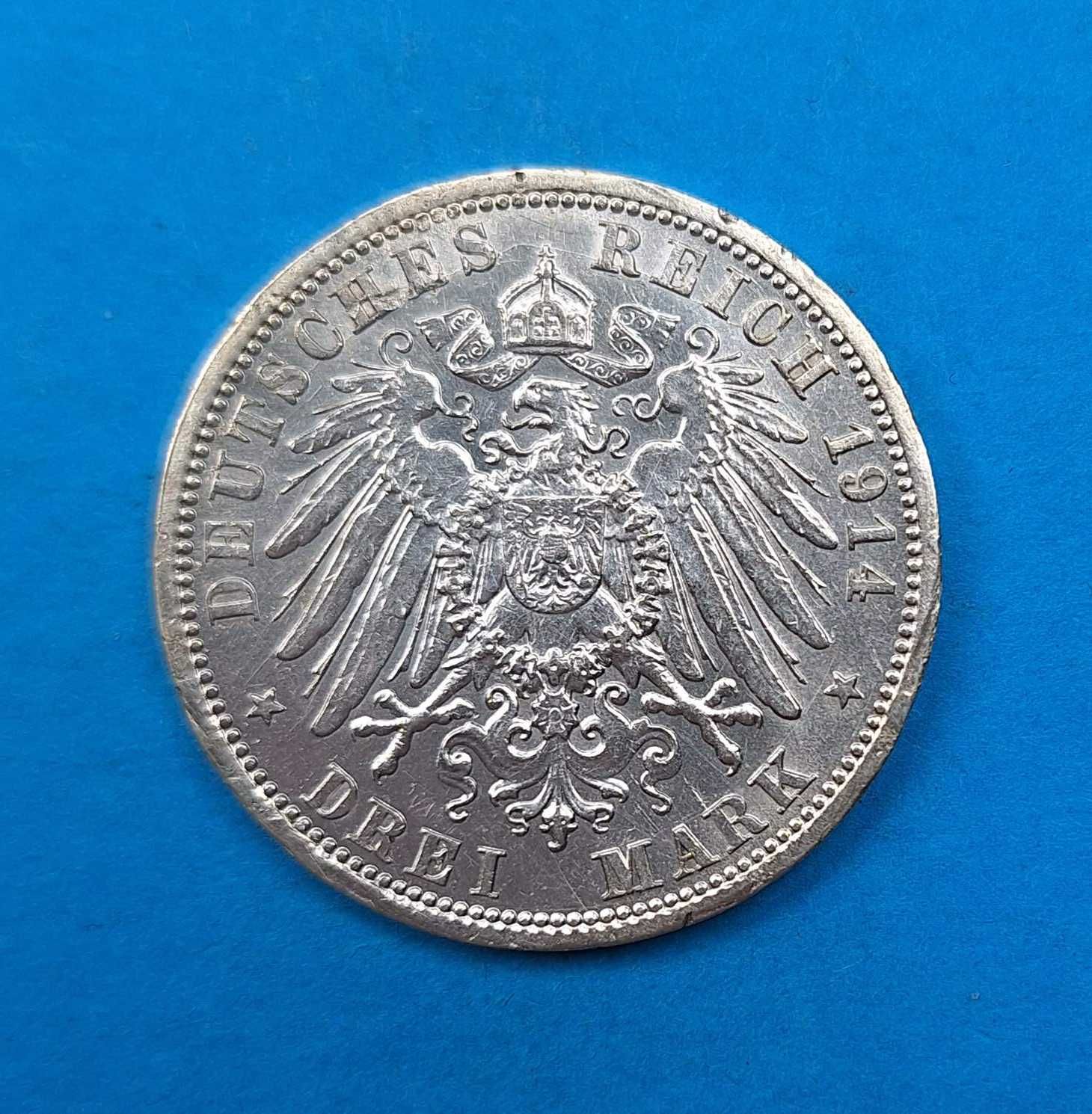 Niemcy Cesarstwo, Prusy 3 marki 1914, Wilhelm II mundur, srebro 0,900