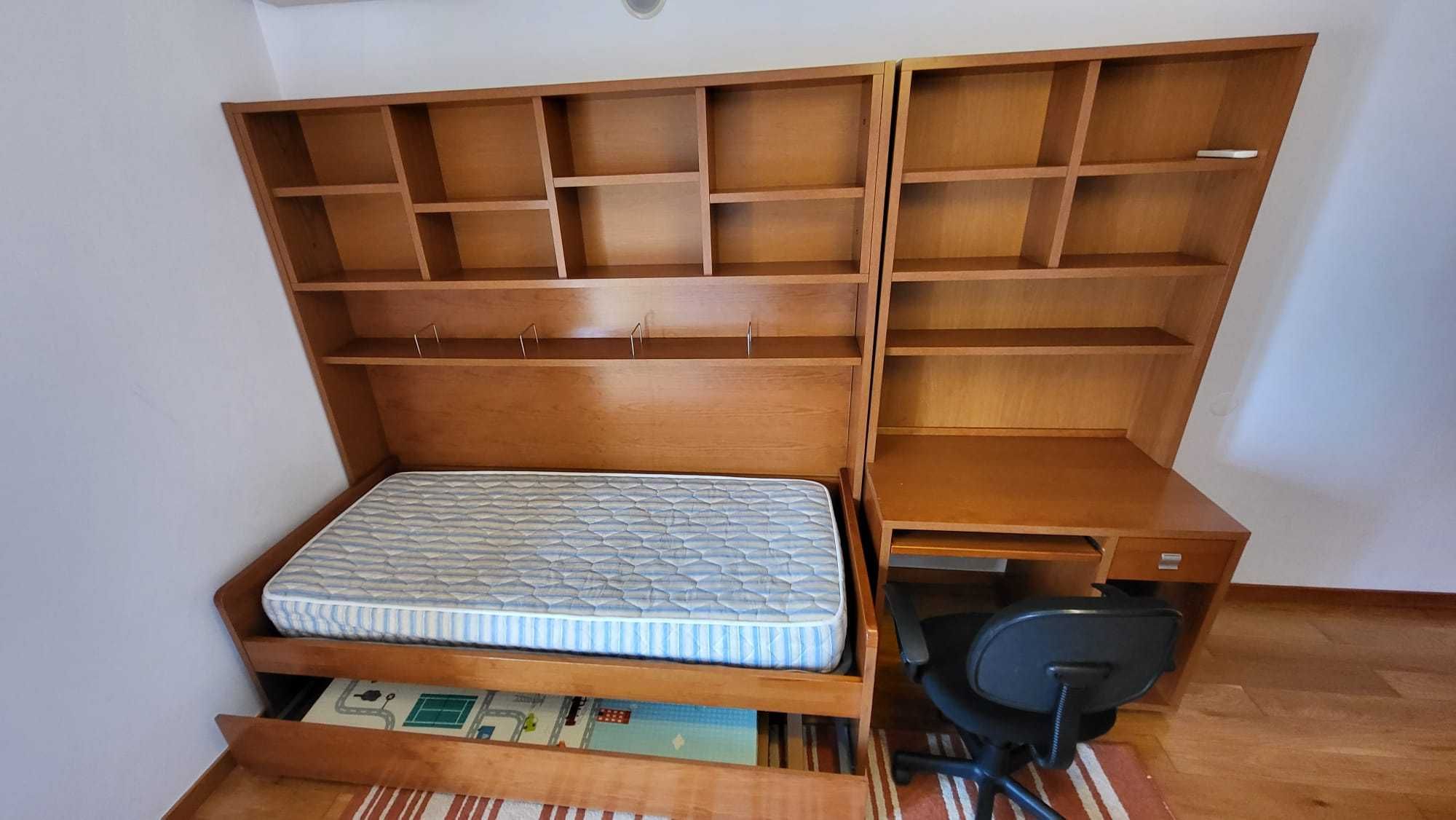 Conjunto Funcional com Cama, Secretária e Estante em Madeira