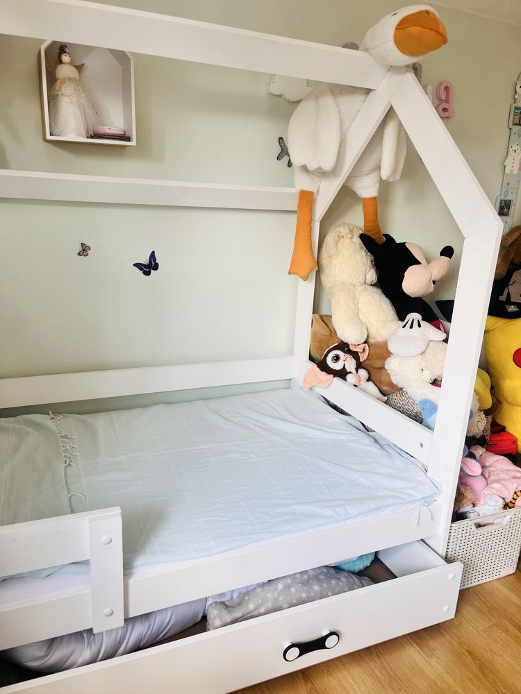 ŁÓŻKO DOMEK z materacem i szuflada 160X80 BIAŁE