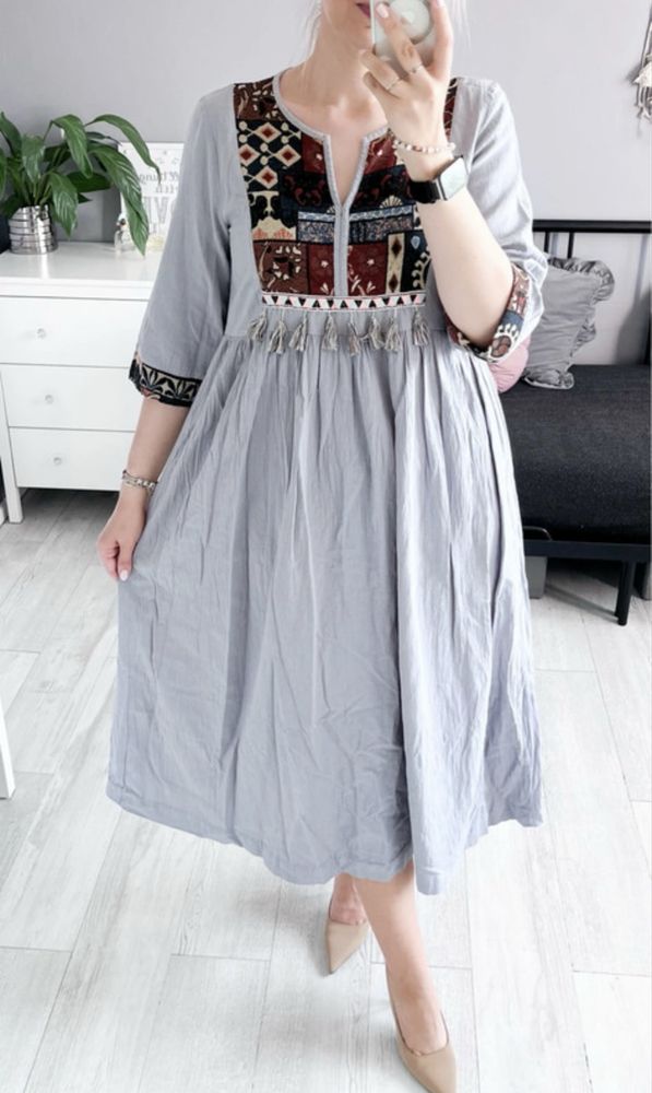 Bawełniana sukienka z odcięciem i chwostami boho style luźna