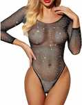 Siatkowe body z cyrkonią ozdobną długi rękaw bodystocking czarny