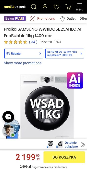 Pralka SAMSUNG WW11DG5B25AHEO AI EcoBubble 11kg 1400 obr
