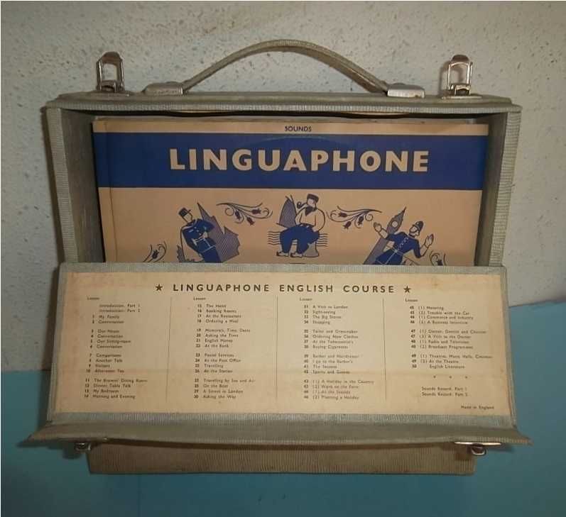 Curso de Inglês LINGUAPHONE 10 discos LP com mala em madeira