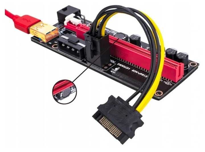 Riser 009S PCI-E 1x-16x USB3 6szt + Rozdzielacz zasilania 8 do 6+2