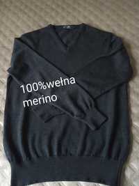 Szary wełniany sweter w serek 100% merino S