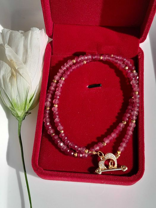 Pozłacany naszyjnik z kamienia naturalnego różowy Turmalin i cyrkonia.