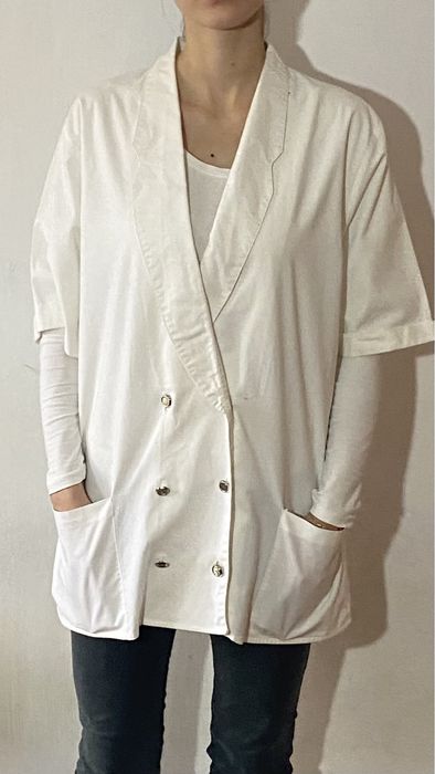 Biały dwurzędowa marynarka bawełna żakiet oversize M L 40