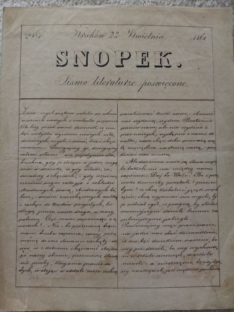Stare pismo Snopek poswiecone literaturze z 1861r.Antyk