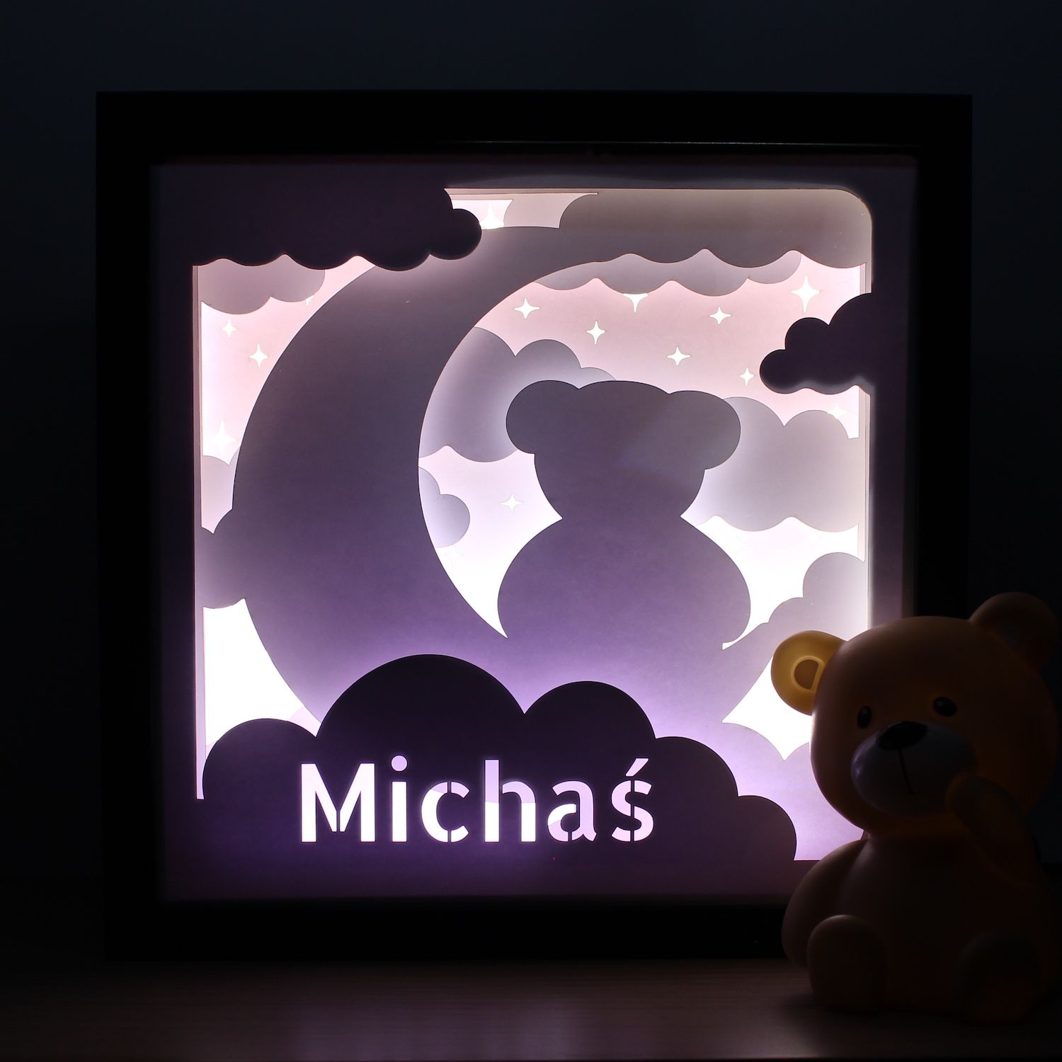 Lampka Nocna Ramka 3D Shadow Box LED Miś na Księżycu