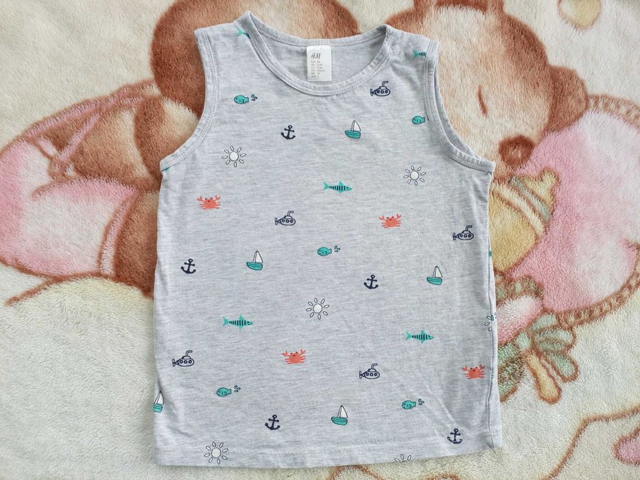 Szara wzorzysta bluzka H&M 98 krab słońce statek ryba jak nowa