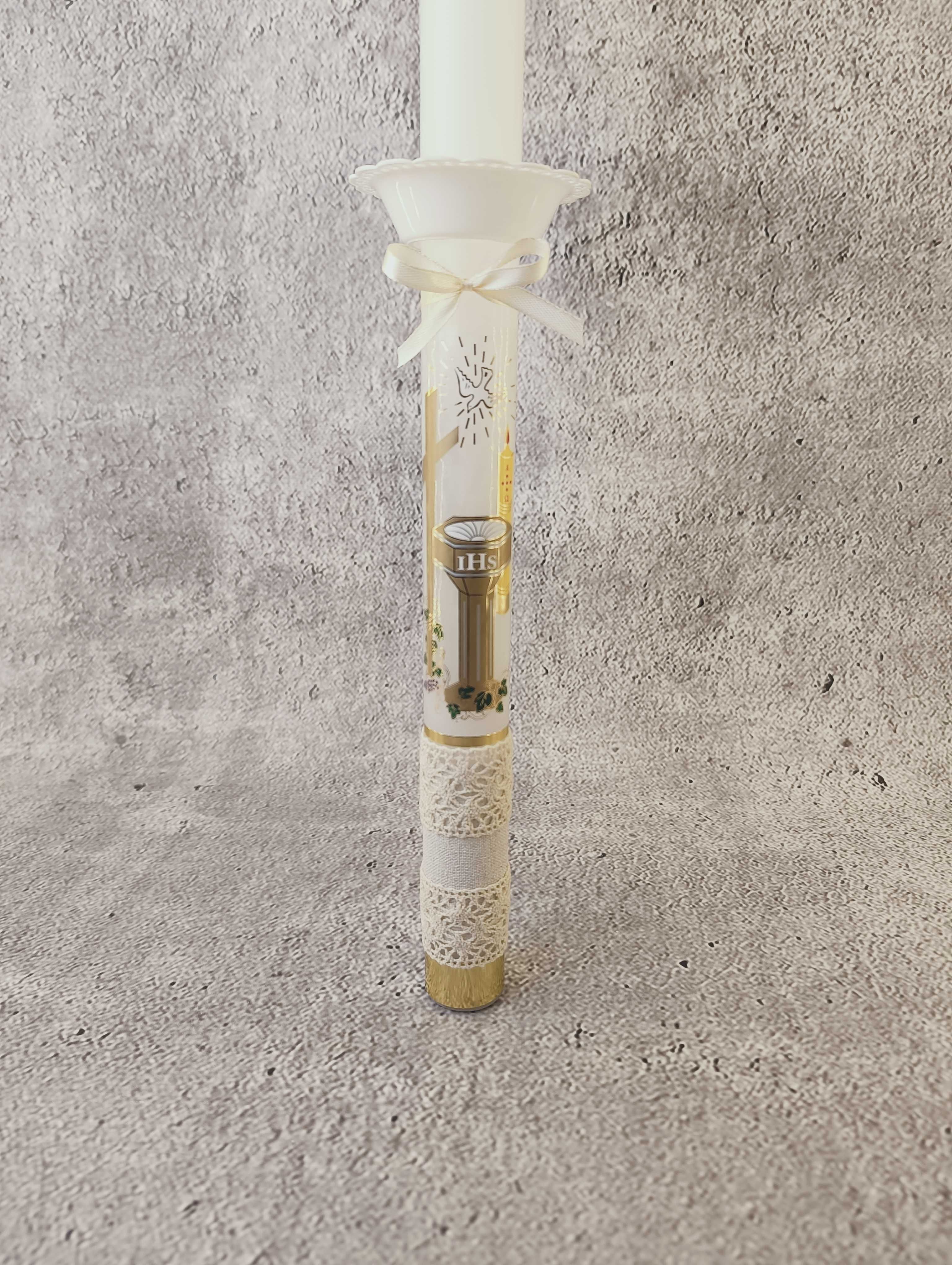 Świeca do CHRZTU ŚWIĘTEGO gromnica chrzest 48cm + okapnik zdobiona