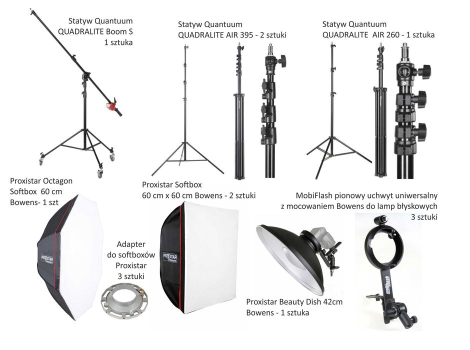 Zestaw oświetleniowy światła błyskowego - 3 softboxy, 4 statywy, etc.