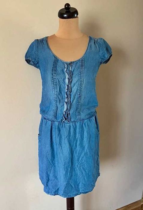 M l 38 40 promod sukienka midi jeans haft żabot kieszenie lato