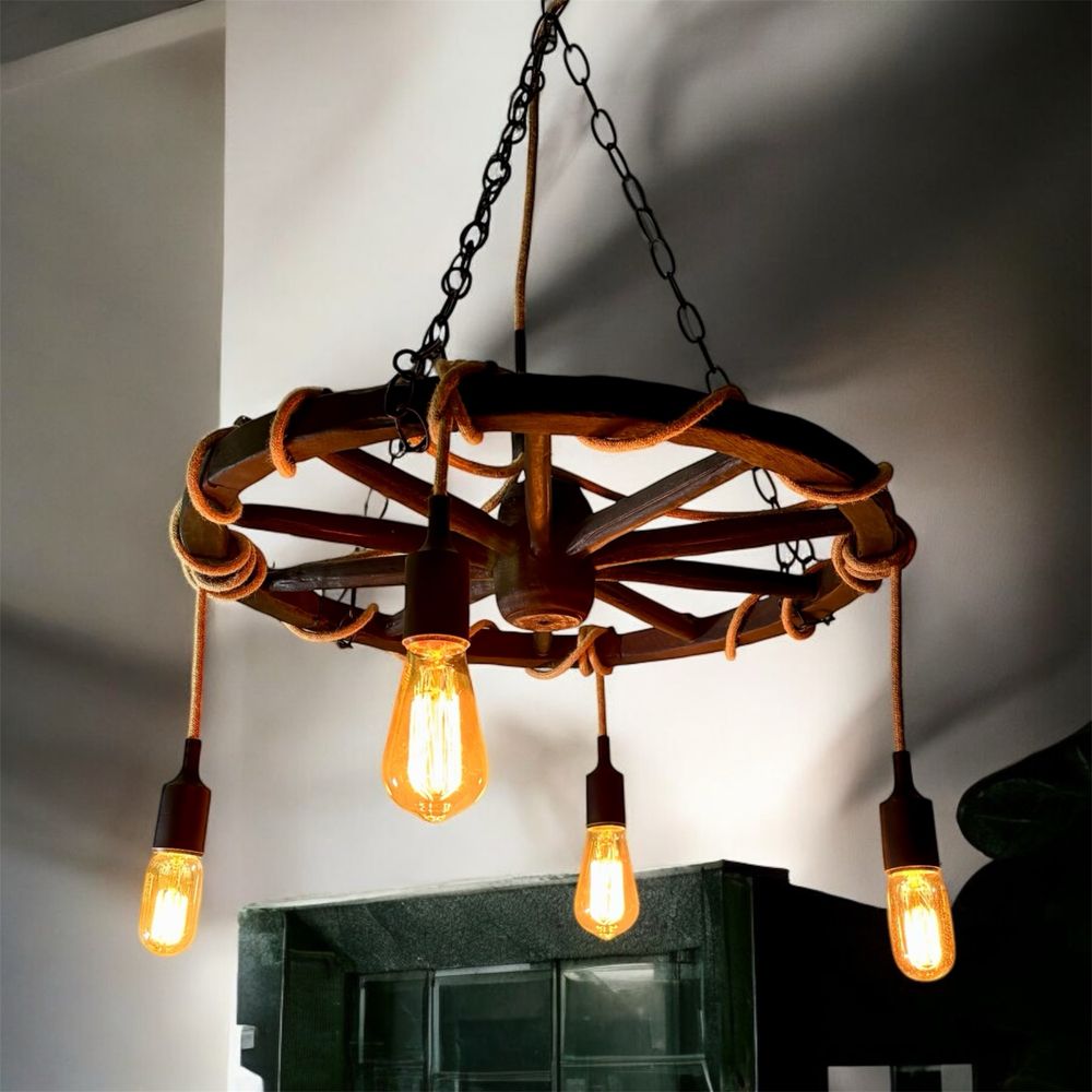 Lampa z koła od wozu żyrandol loft retro do altany salonu wisząca boho