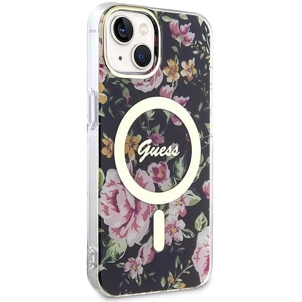 Etui Guess Flower MagSafe na iPhone 14 Plus - czarne