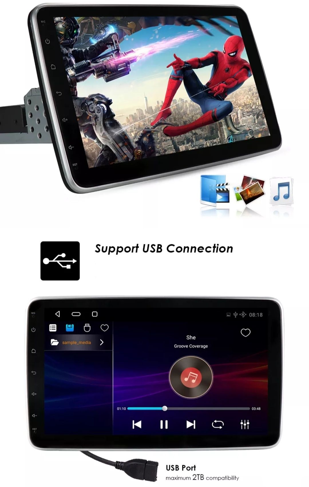 Radio 10.1" regulowany dotykowy ekran Android 1DIN USB WiFi Bluetooth