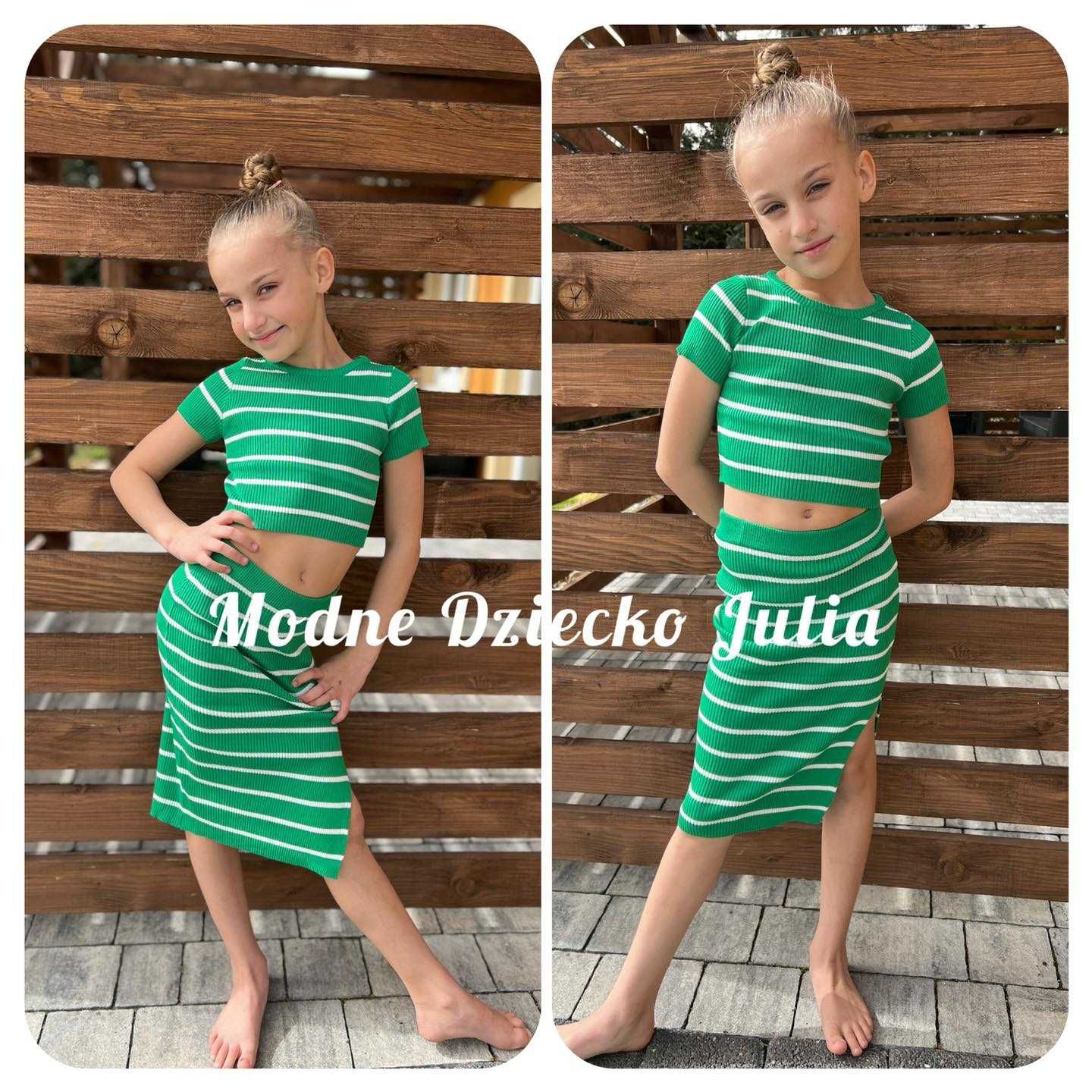 Komplet dla dziewczynki nowy w paski zielony top i spódnica 122-128
