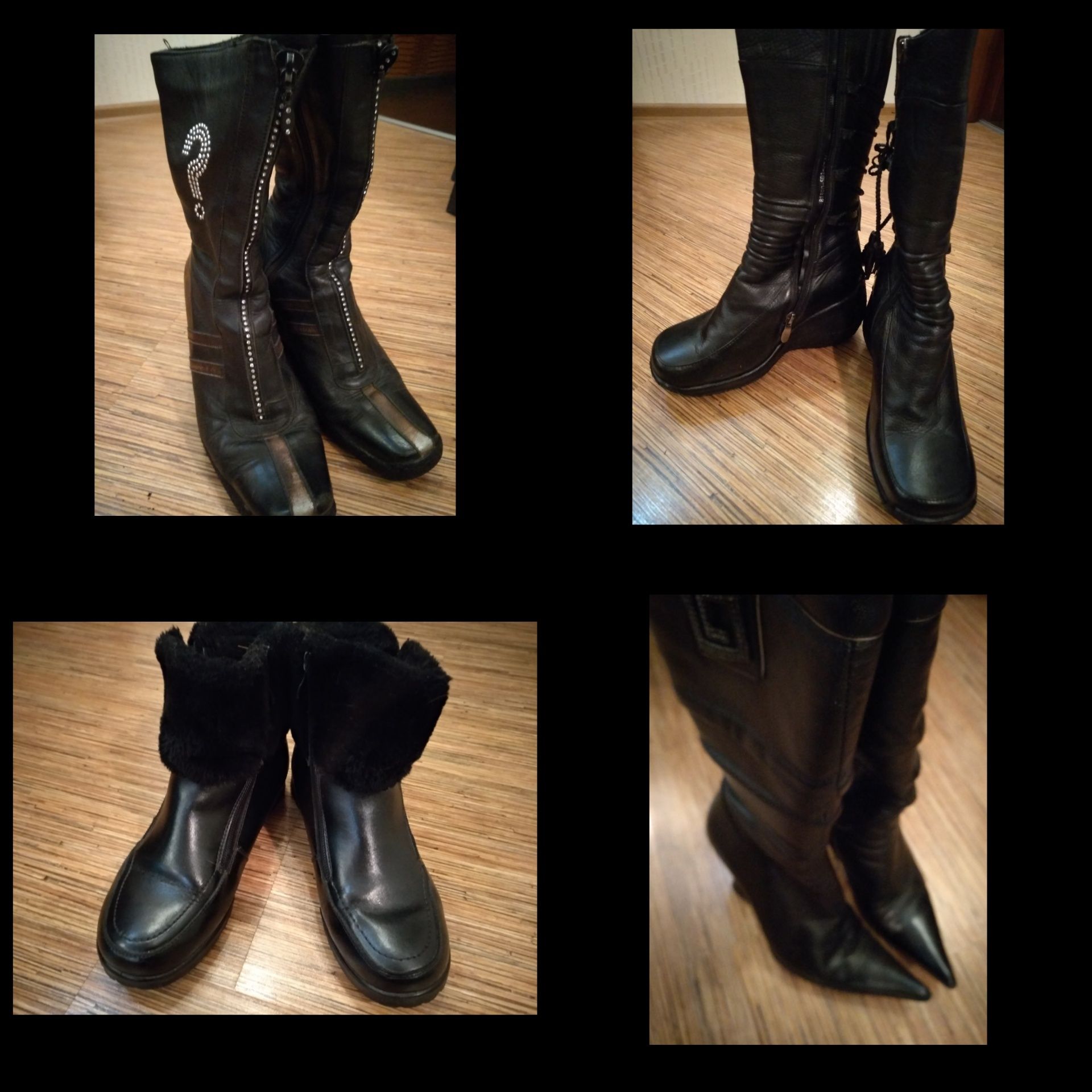 Зимние кожаные женские черные сапоги ботинки обувь