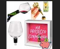 ZESTAW PROSECCO SZAMPANA WINA skarbonka + kieliszek + zatyczka wino