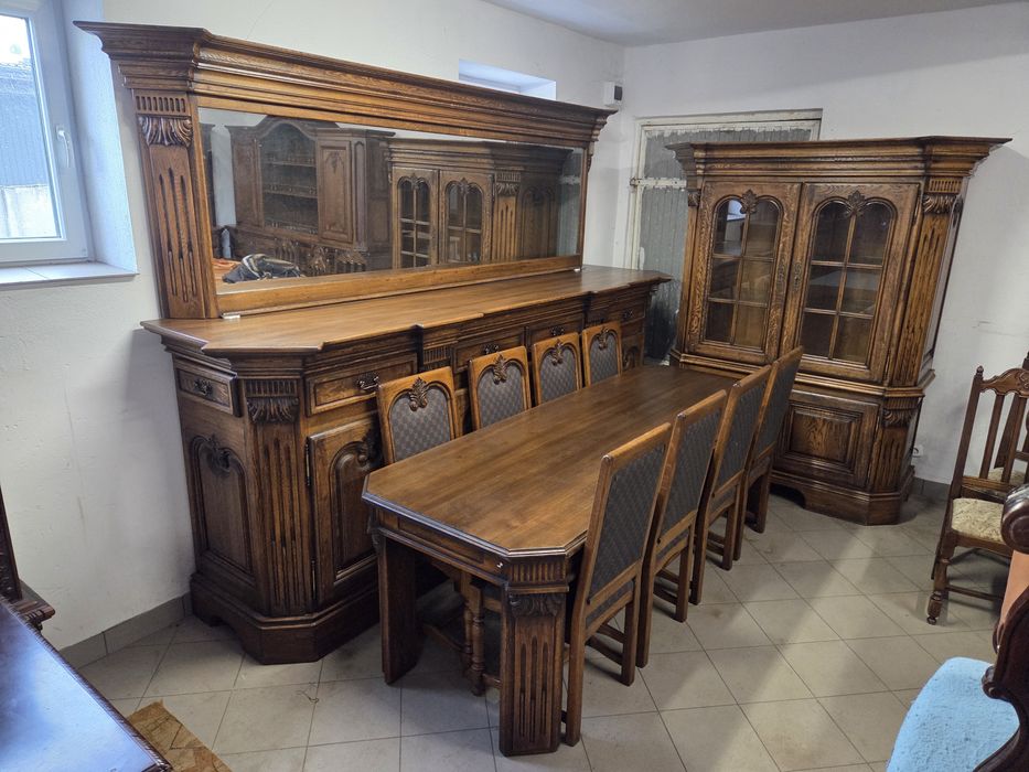 Zestaw 100% dębowy komoda lustro witryna stół 8 krzeseł meble Holandia