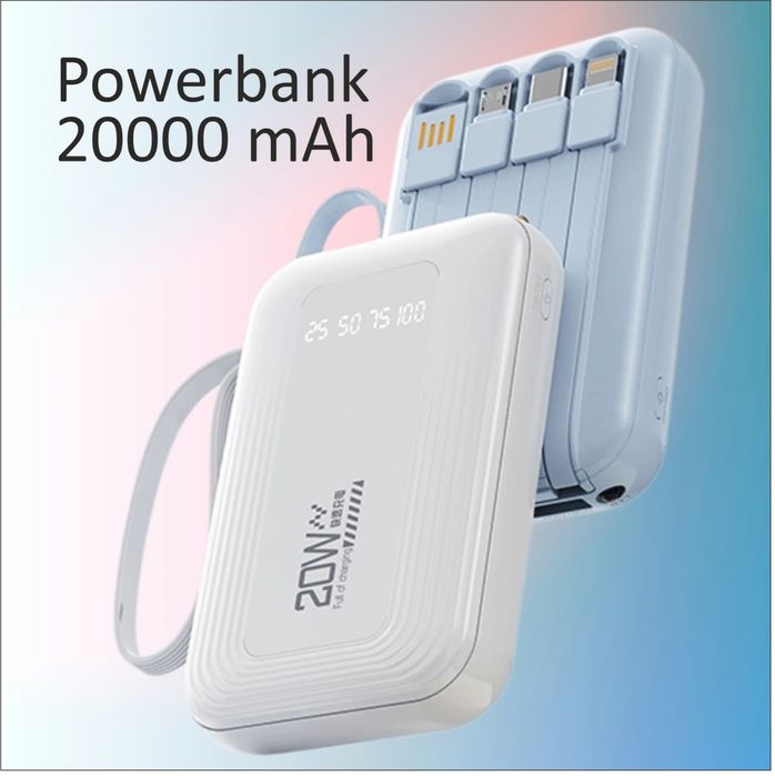 Powerbank Повербанк міні 20000 mAh з вбудованими кабелями