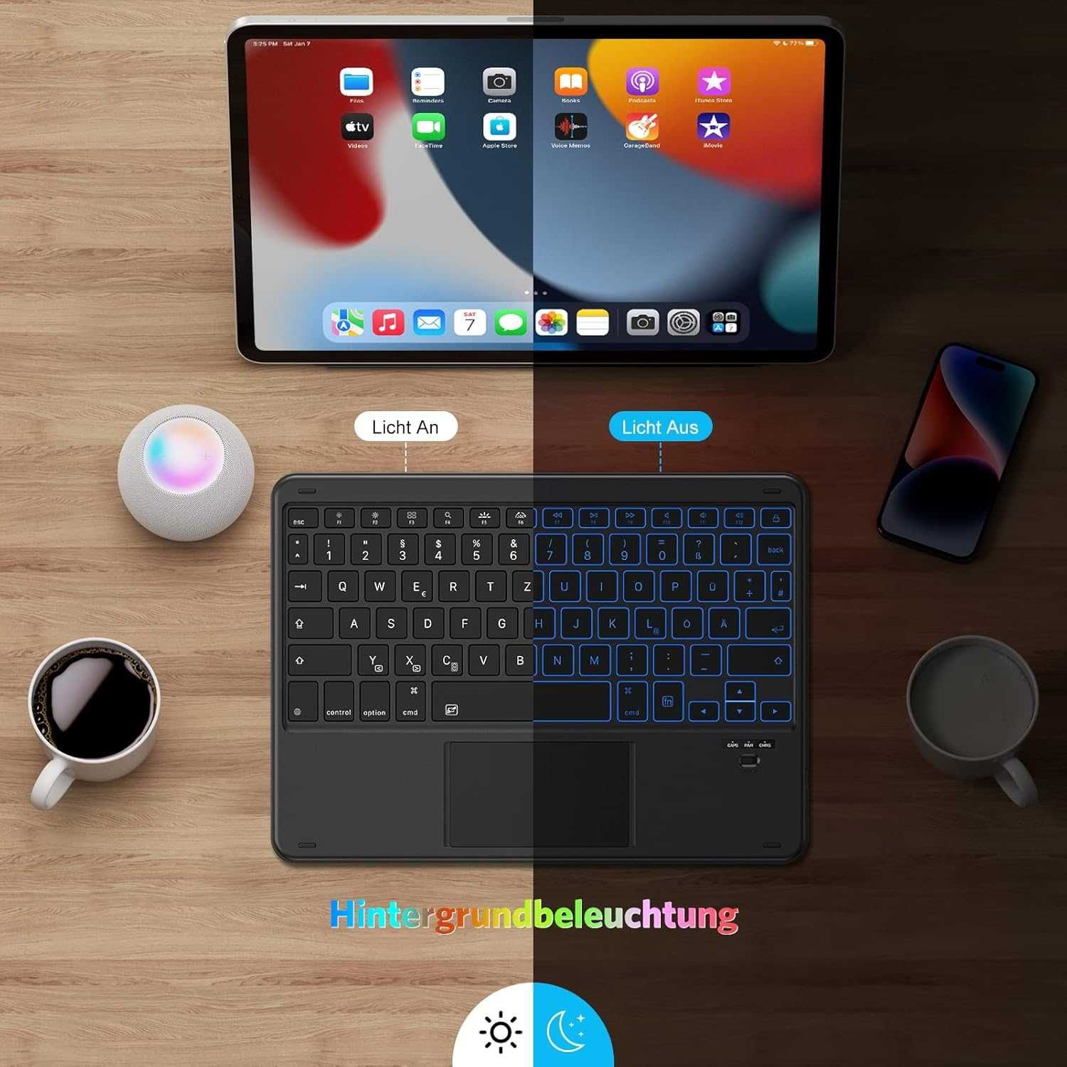 Bezprzewodowa Klawiatura z Trackpadem,7kolorowe Podświetlenie,dla iPad