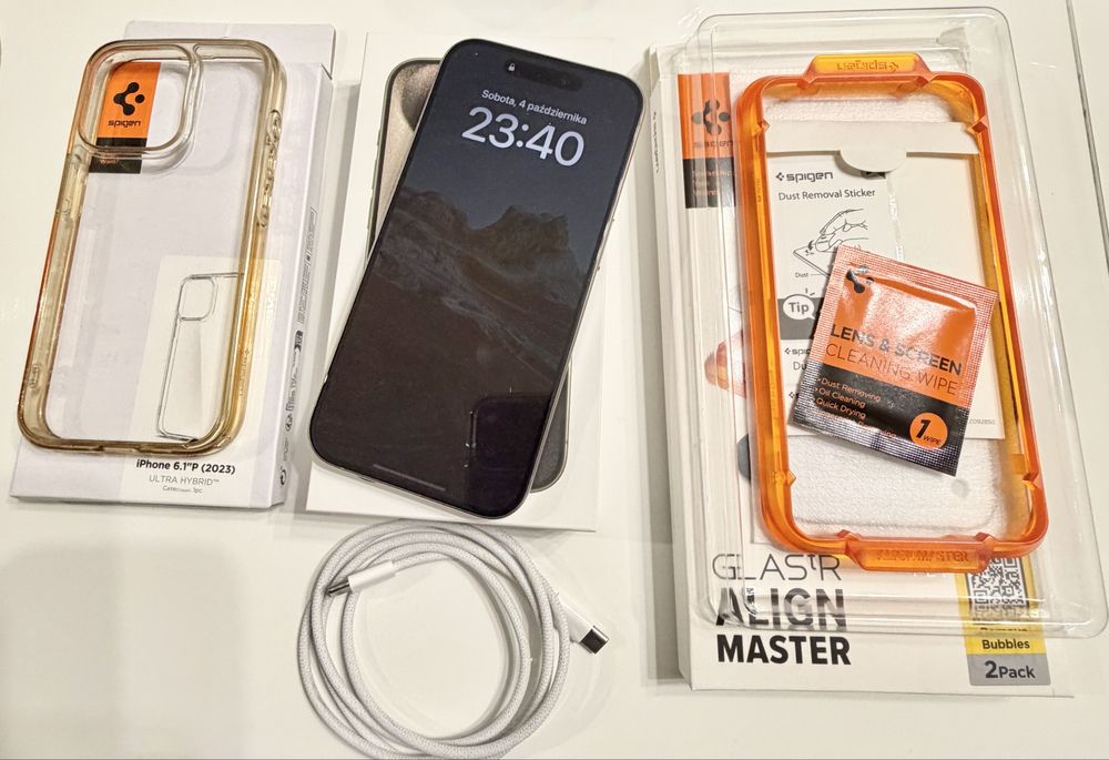 iPhone 15 pro 256GB, Natural Titanium + szklo i etui SPIGEN - Gratis!