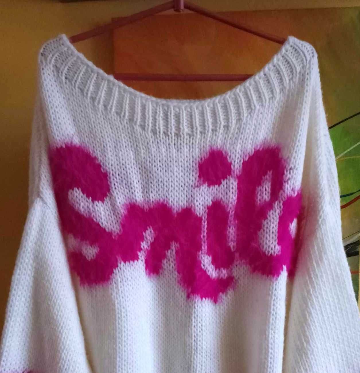 sweter biały z wełną 42/44 /róż napis/M*Nouu oversize XL/XXL