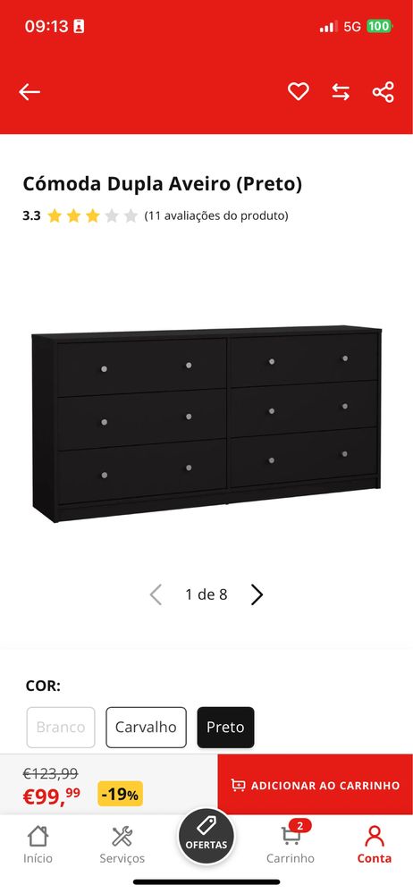 Cómoda Preta Dupla 143x68