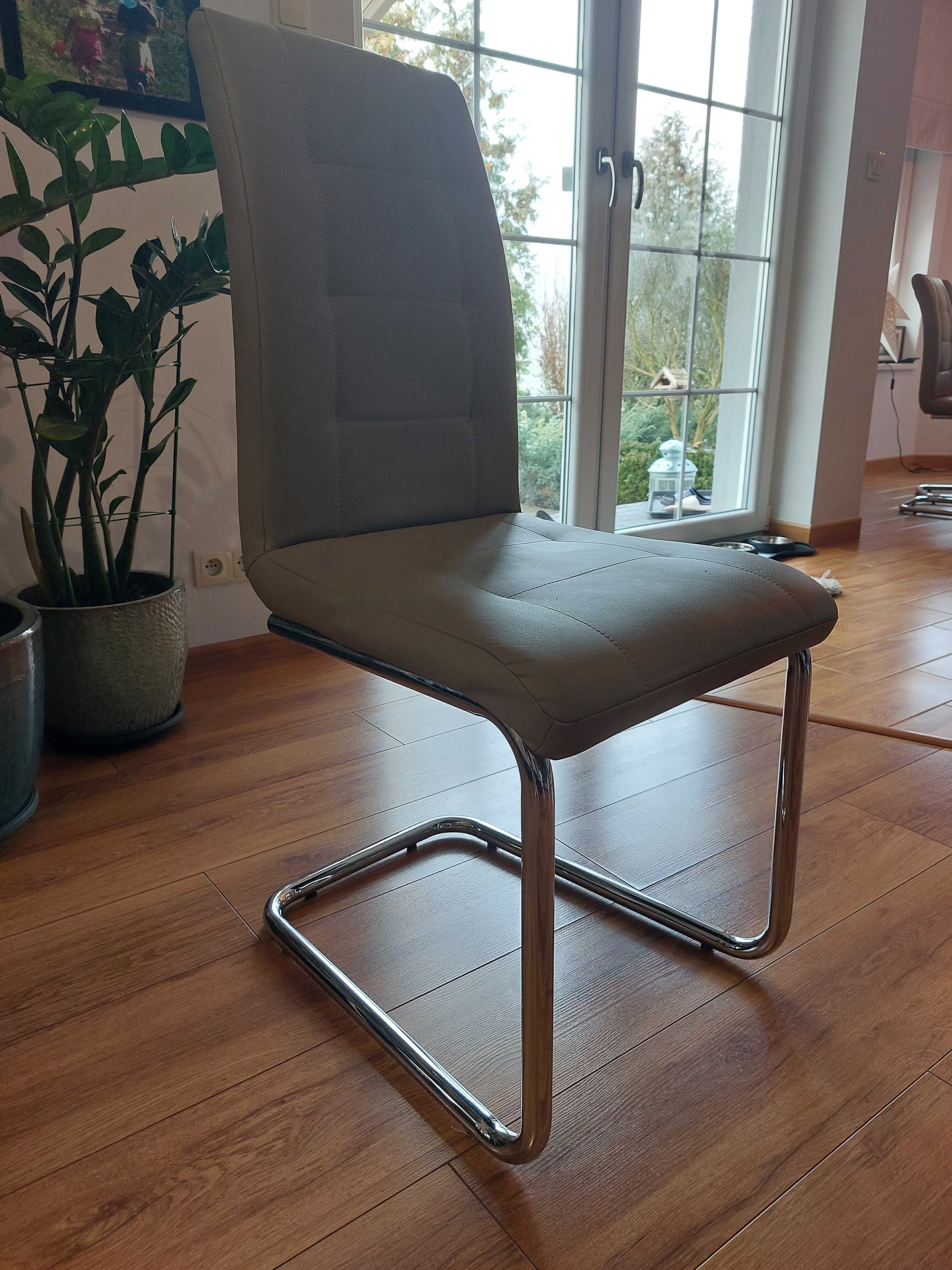 Tapicerowane krzesło ze skóry ekologicznej, beżowe, na płozie, 6 sztuk