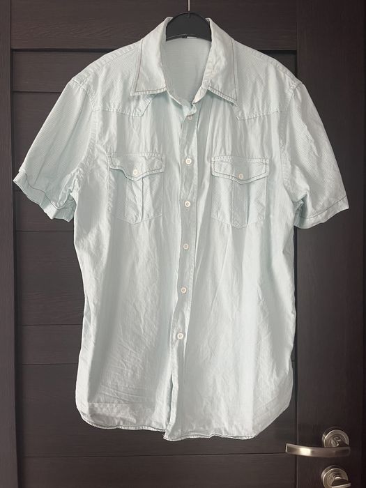 Miętowa koszula męska w prążki XL