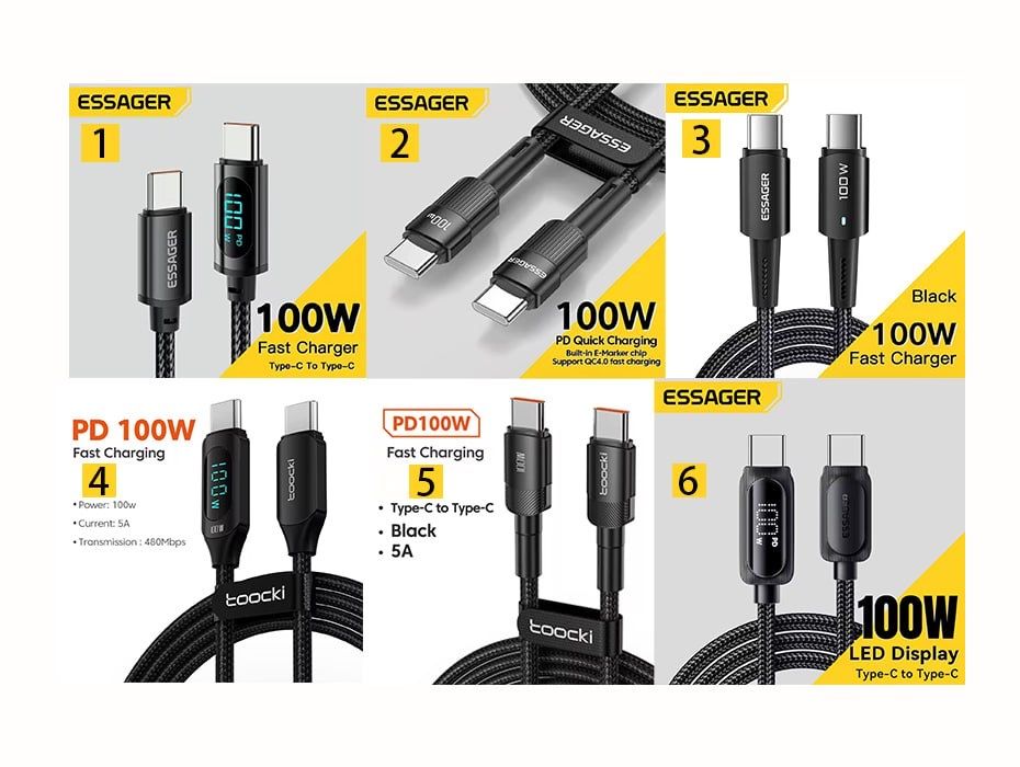 Кабелі Essager / Toocki 100W,120W PD QC швидка зарядка