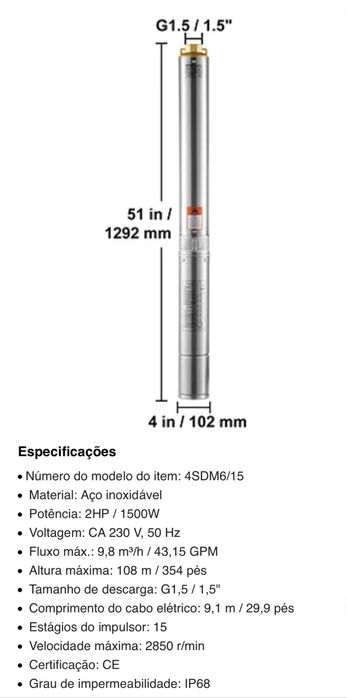 Bomba de Agua Submersivel Furo / Poço 2HP 1500w