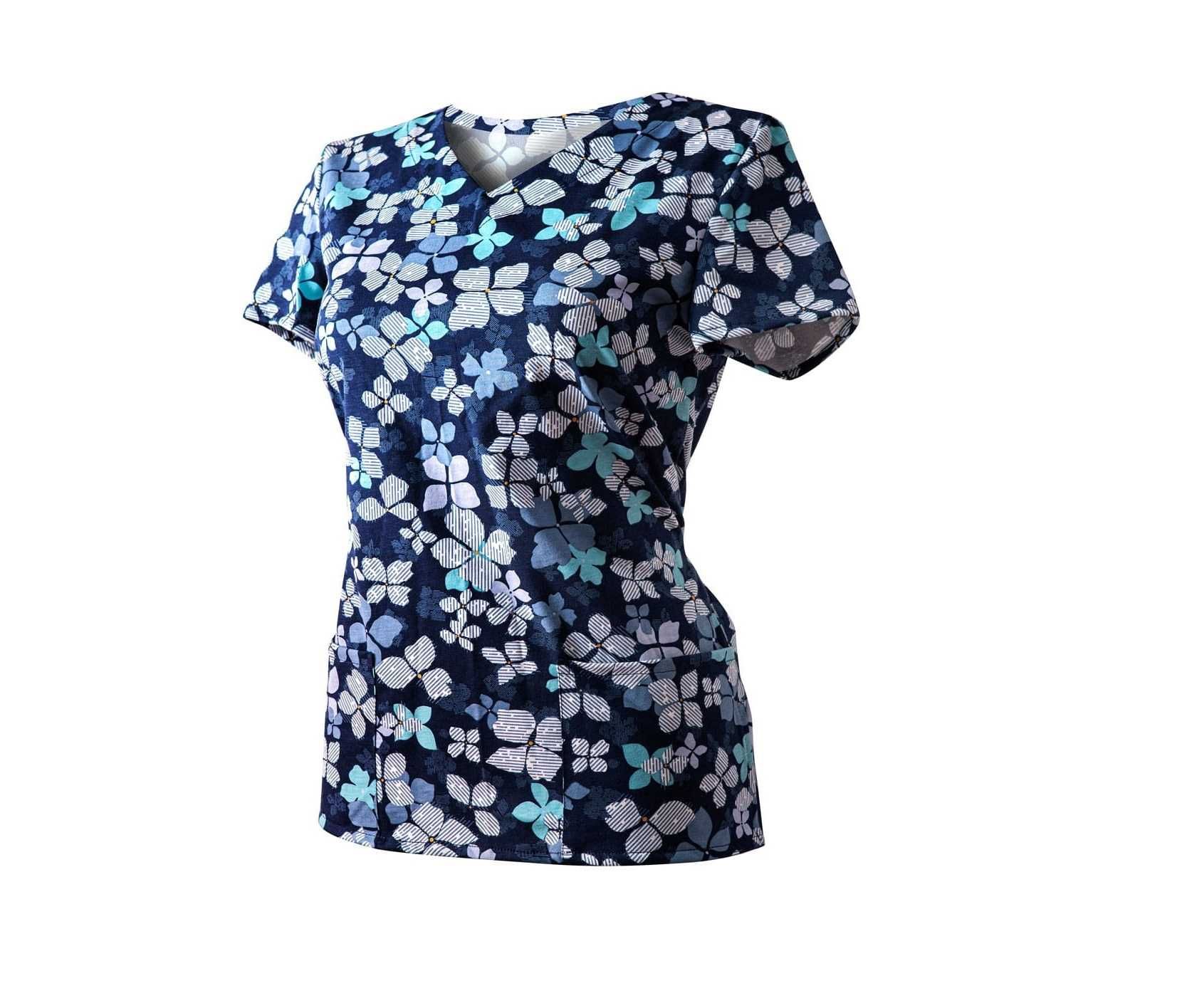 Bluza Medyczna Granatowa Koszulka Bawełniana Kwiaty niebieskie roz 48
