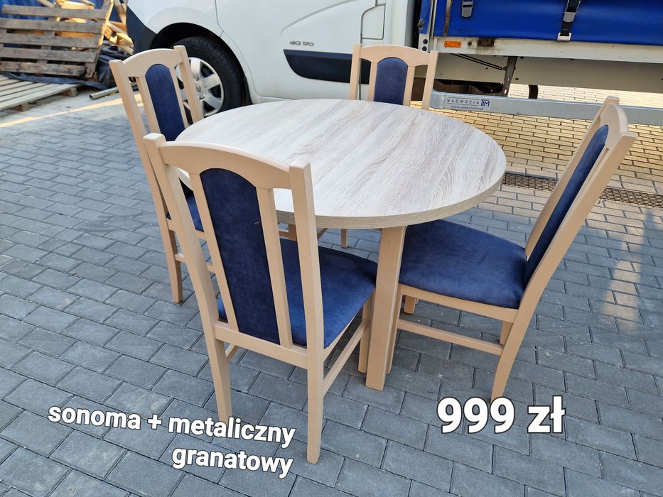 Nowe: Stół okrągły + 4 krzesła, sonoma + metaliczny granat, trans PL