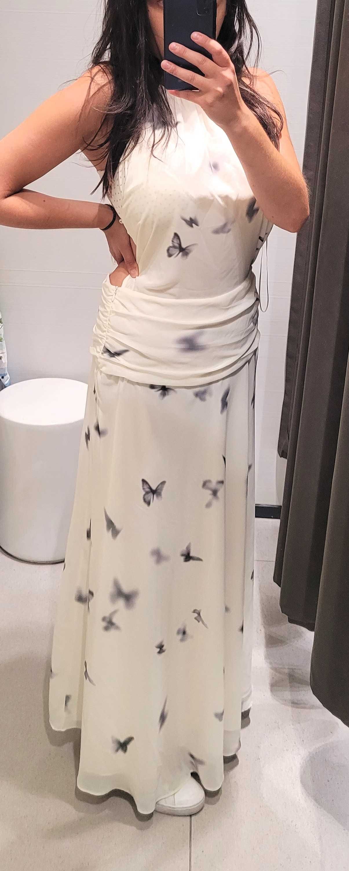 Długa biała sukienka Zara motyle halter odkryte plecy S 36 nowa lejąca