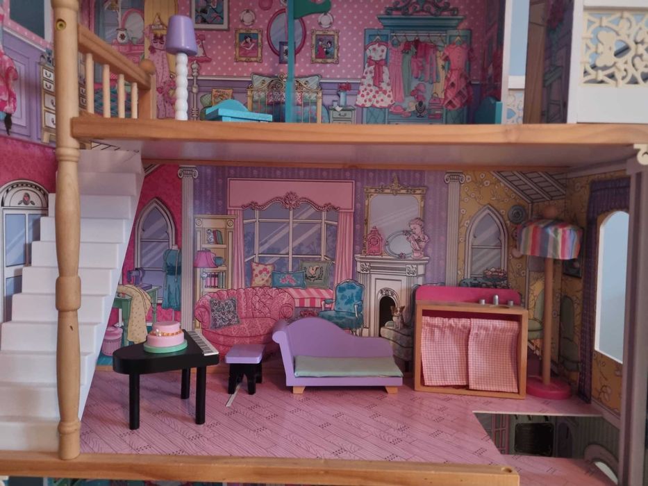 XXL Drewniany domek dla lalek - 123 cm - taras, akcesoria, winda