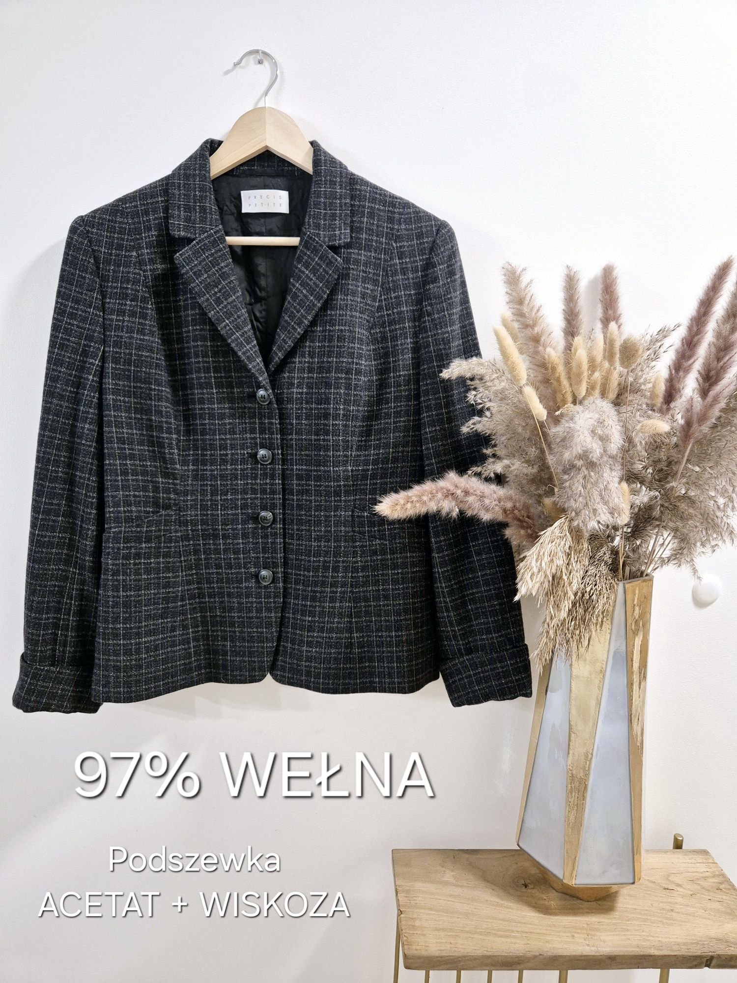 Grafitowa marynarka w kratę oversize Precis Petite wełna wool woolmark