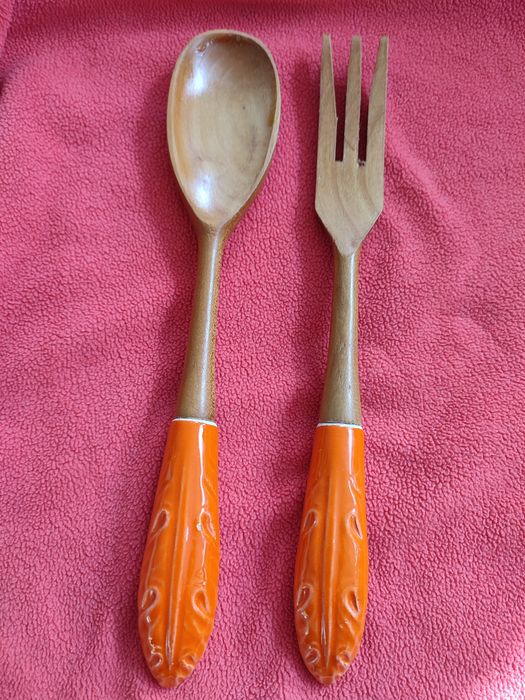Винтажная ложка и вилка для салата, кухонная утварь