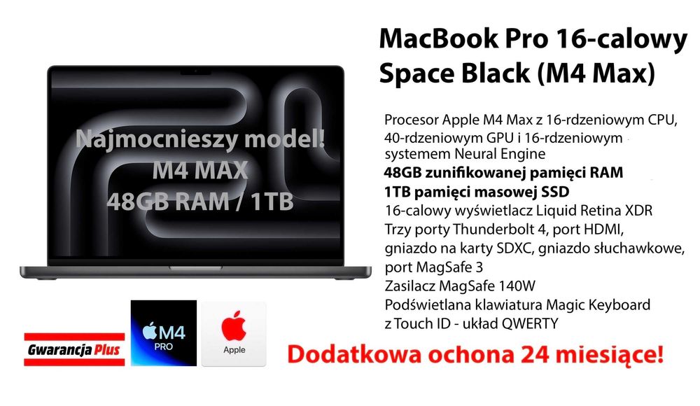 NOWY Apple MacBook Pro 16 M4 MAX 48GB RAM 1TB +DODATKI GW-2LATA! FV23%
