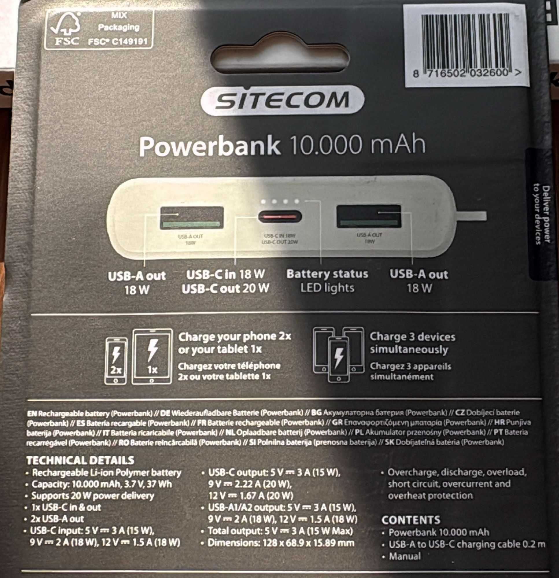 POWERBANK SITECOM 10000mah / 2X USB A 1X USB C, Różne kolory , NOWY