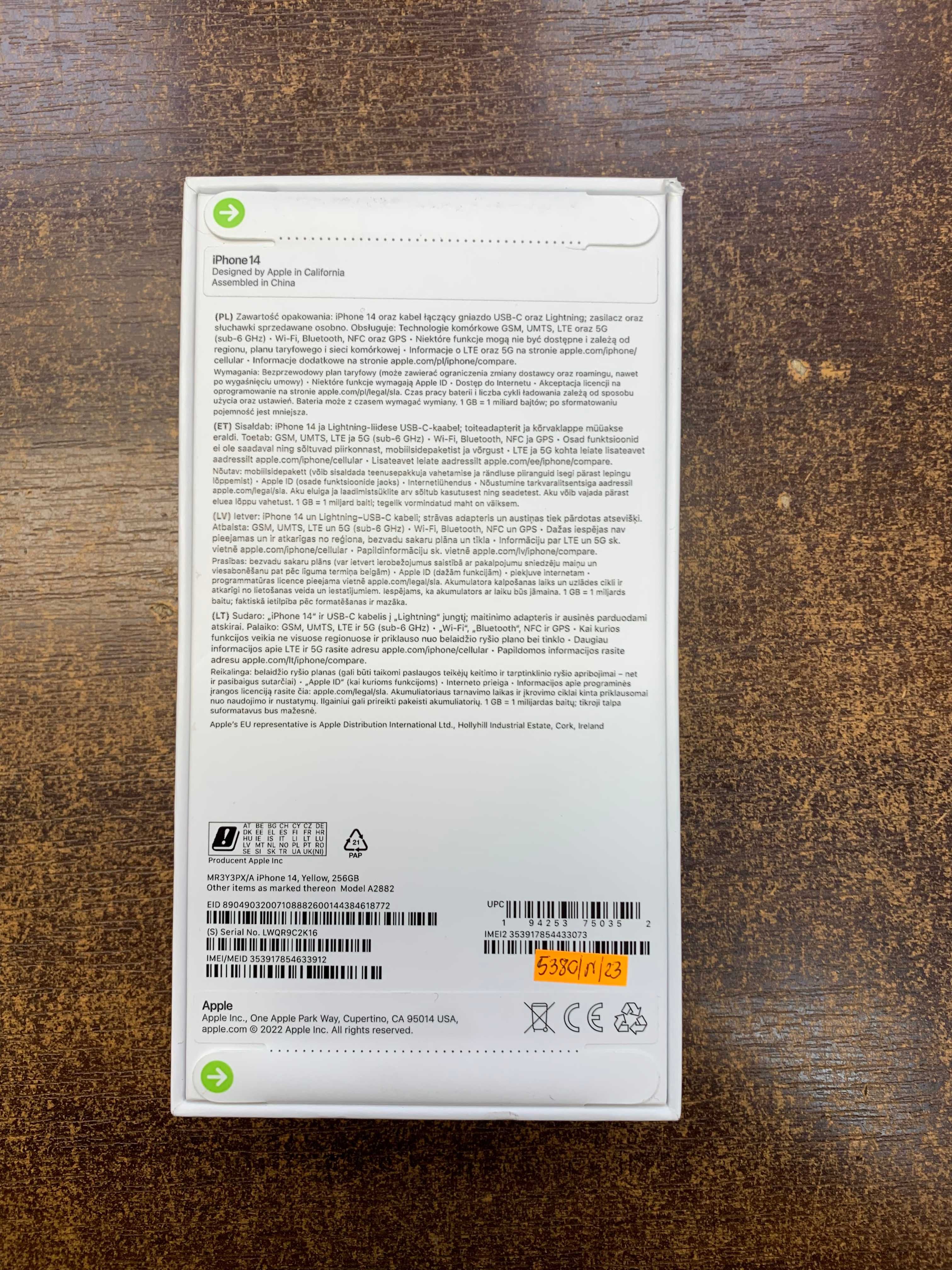 APPLE iPhone 14 6/256GB 5G 6.1" Żółty Nowy/ GW12 / 777